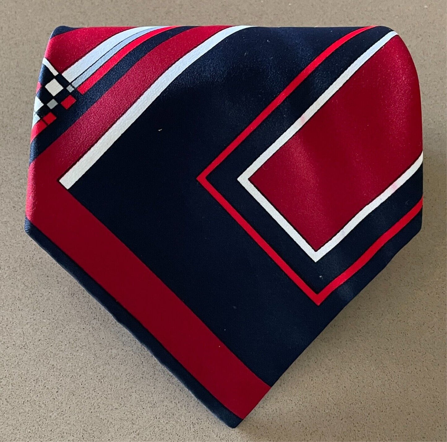 Mens Vintage Neck Tie ENSIGN Navy Red Maroon Grey White Wide Geo Print Polyester