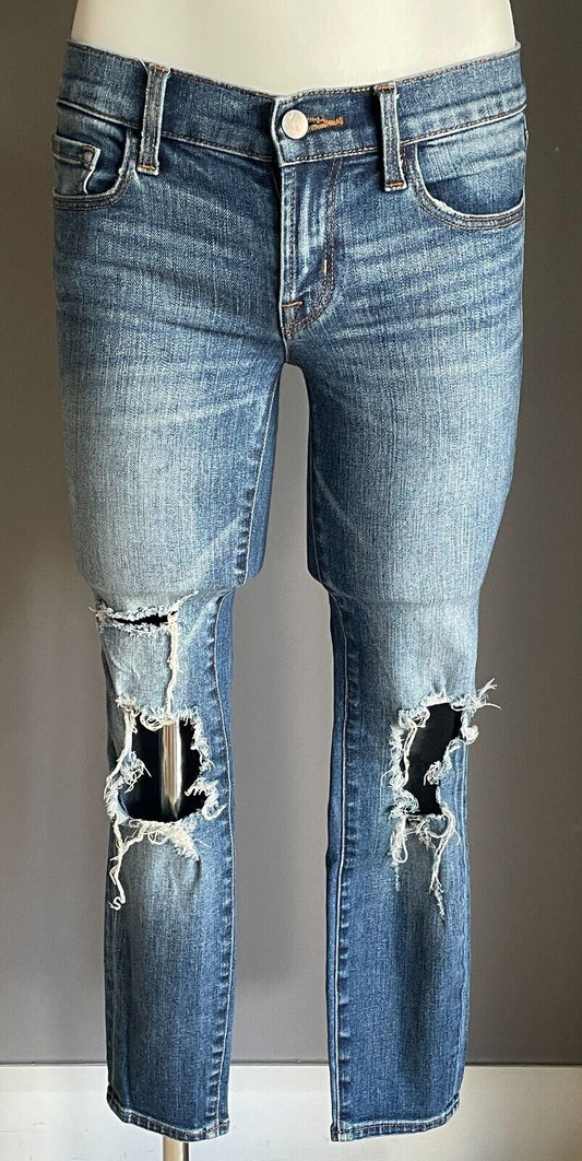 J BRAND Blue Denim Jeans Stretch  Low Rise Ripped Knees Skinny Leg 7/8 DSize 25
