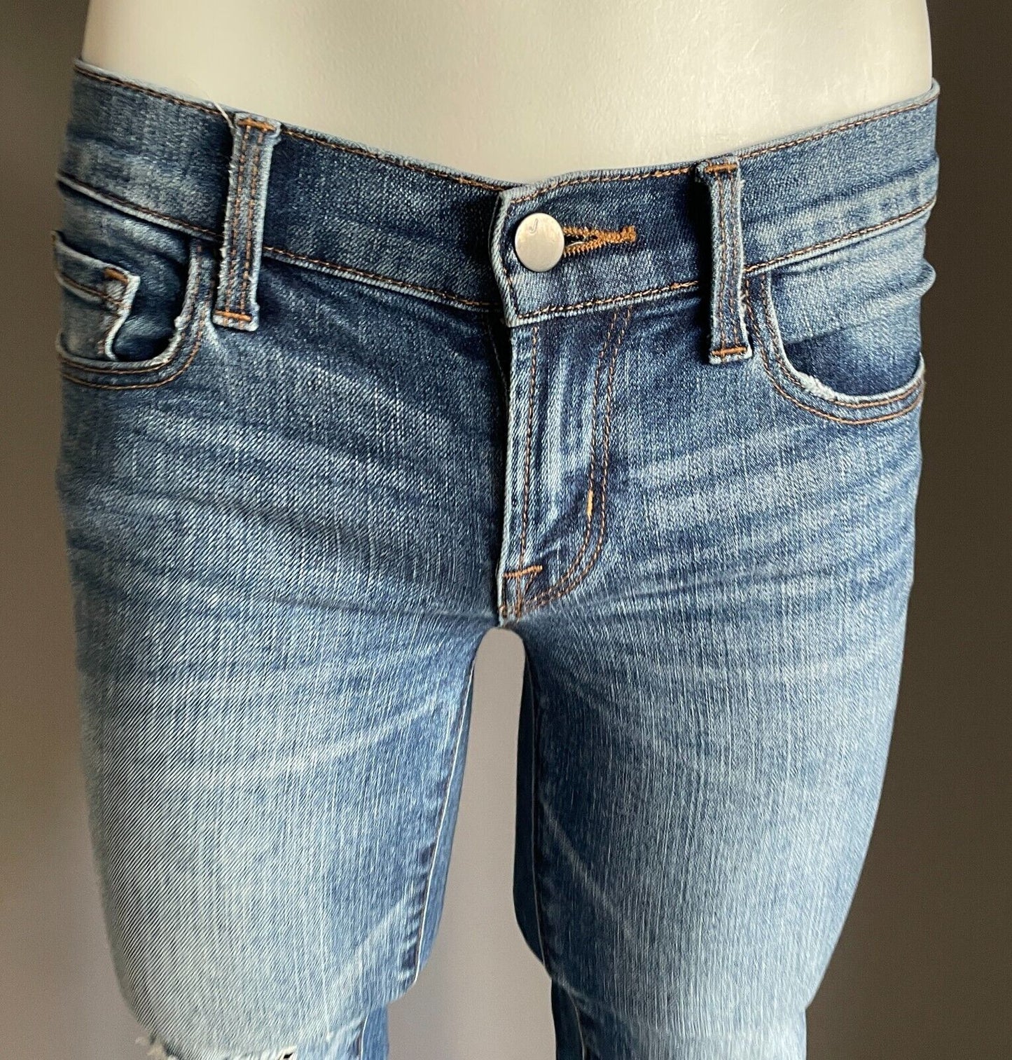 J BRAND Blue Denim Jeans Stretch  Low Rise Ripped Knees Skinny Leg 7/8 DSize 25