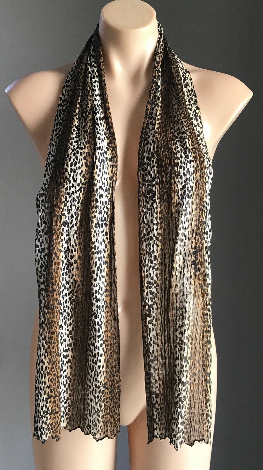 Scarf Wilma Flintstone Leopard Perma Crinkle Semi Sheer Black Brown Cream NEW