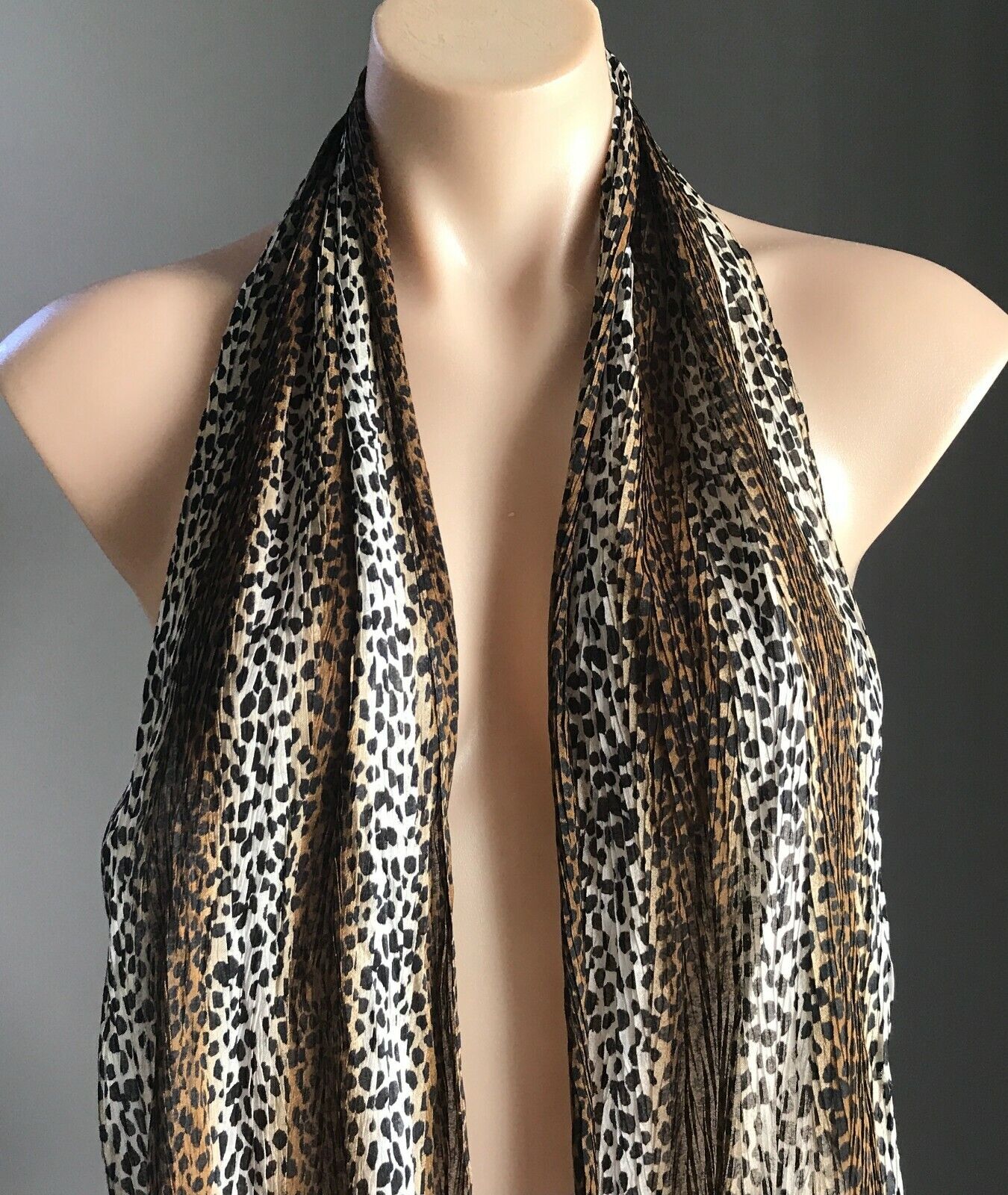 Scarf Wilma Flintstone Leopard Perma Crinkle Semi Sheer Black Brown Cream NEW