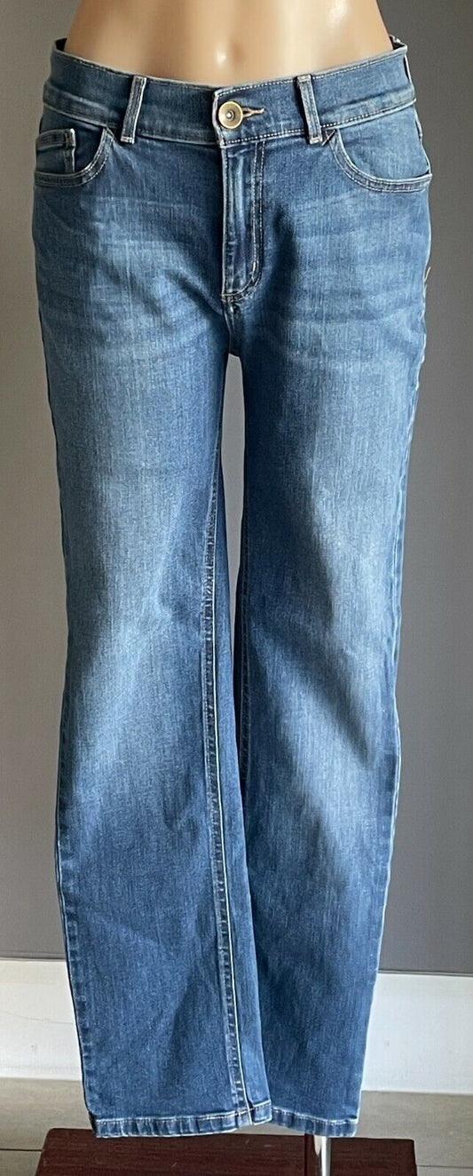 DENIM JEANS Light Blue Stretch Denim Straight Leg Jeans Whiskers Ladies Size 12