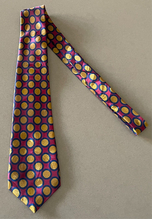Neck Tie JOHN  & LOIS Maroon Mustard Navy Circle Print Polyester Fabric