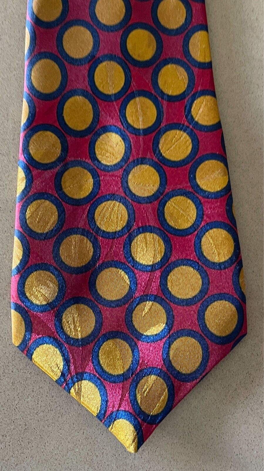 Neck Tie JOHN  & LOIS Maroon Mustard Navy Circle Print Polyester Fabric