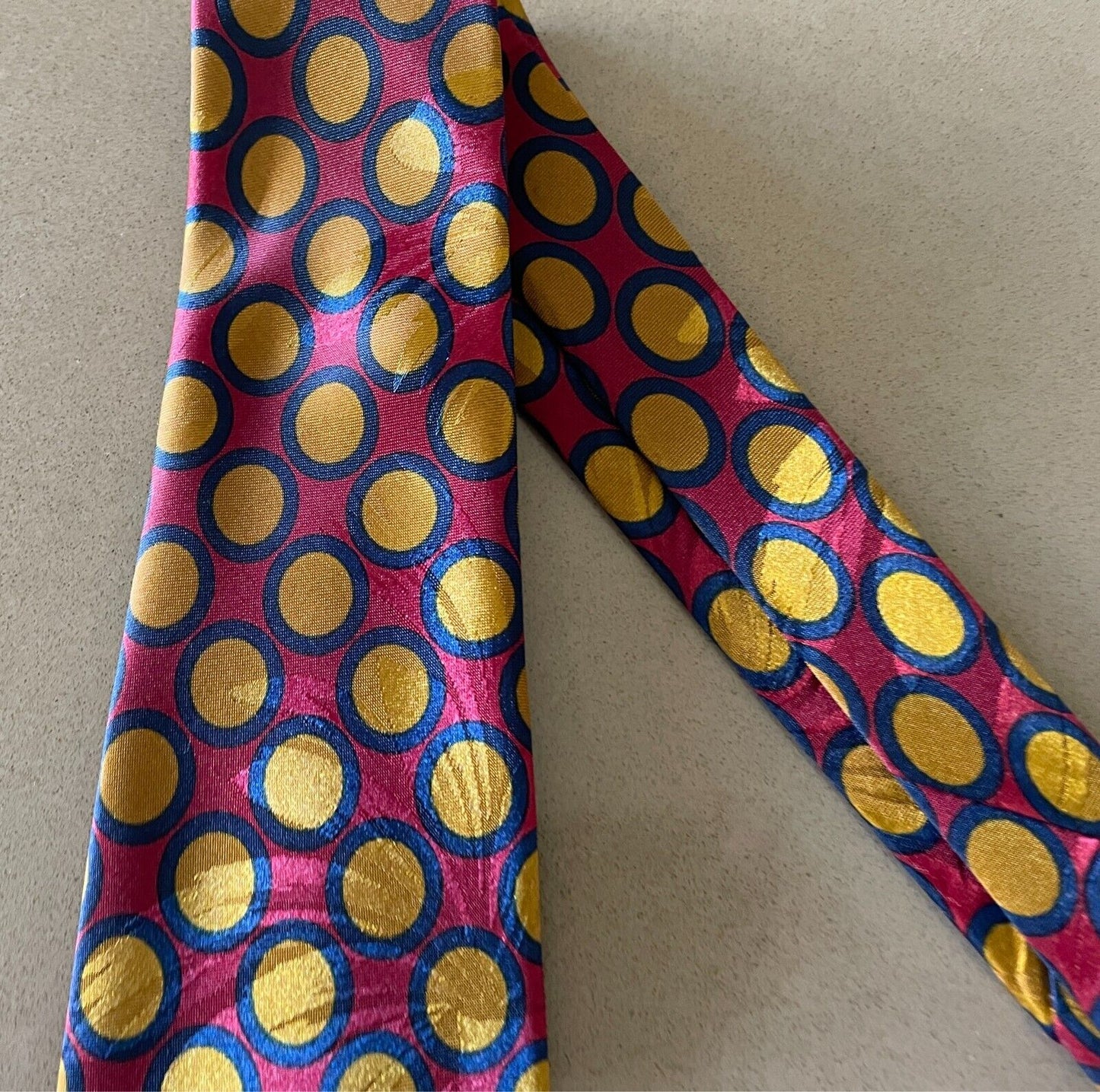 Neck Tie JOHN  & LOIS Maroon Mustard Navy Circle Print Polyester Fabric