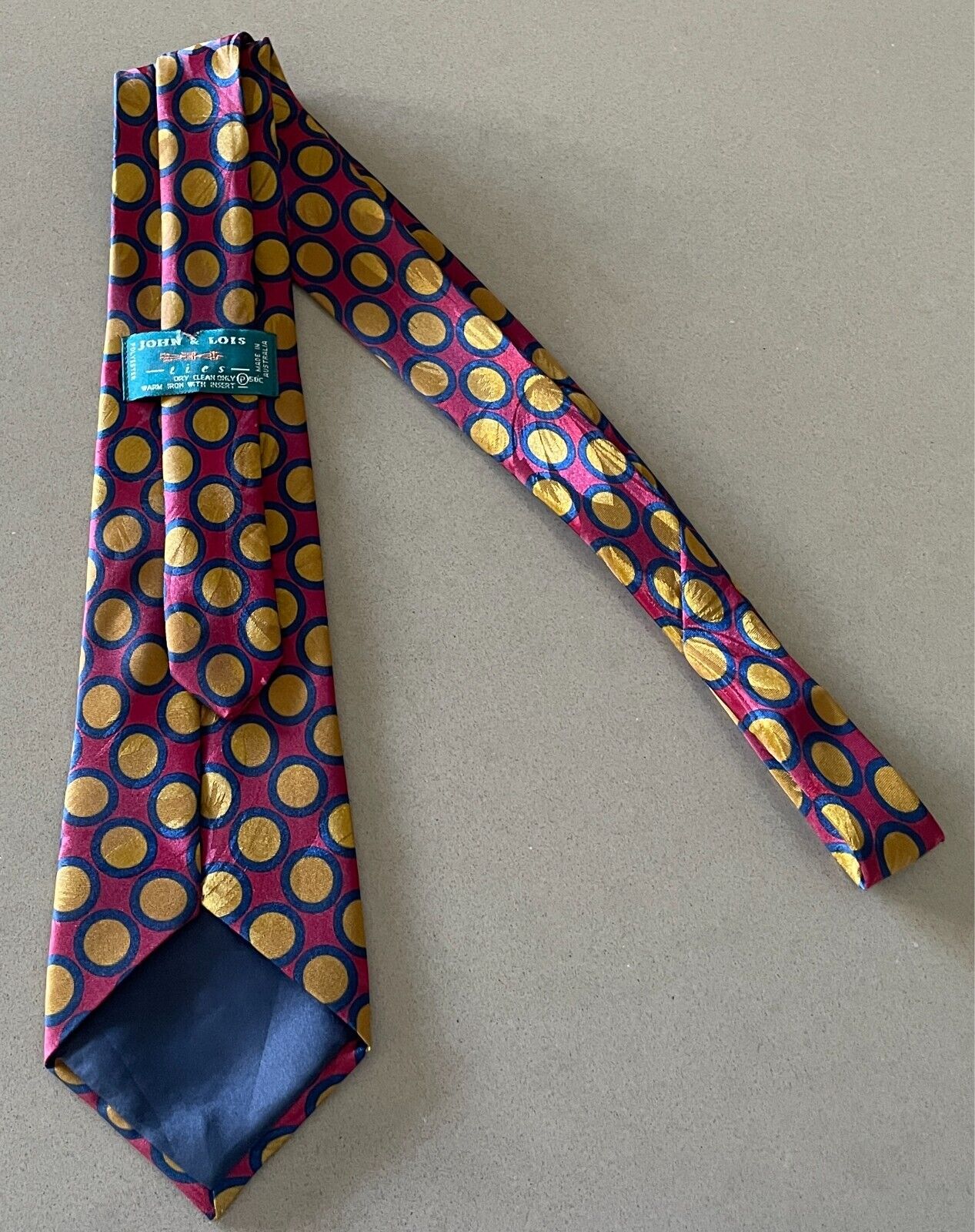 Neck Tie JOHN  & LOIS Maroon Mustard Navy Circle Print Polyester Fabric