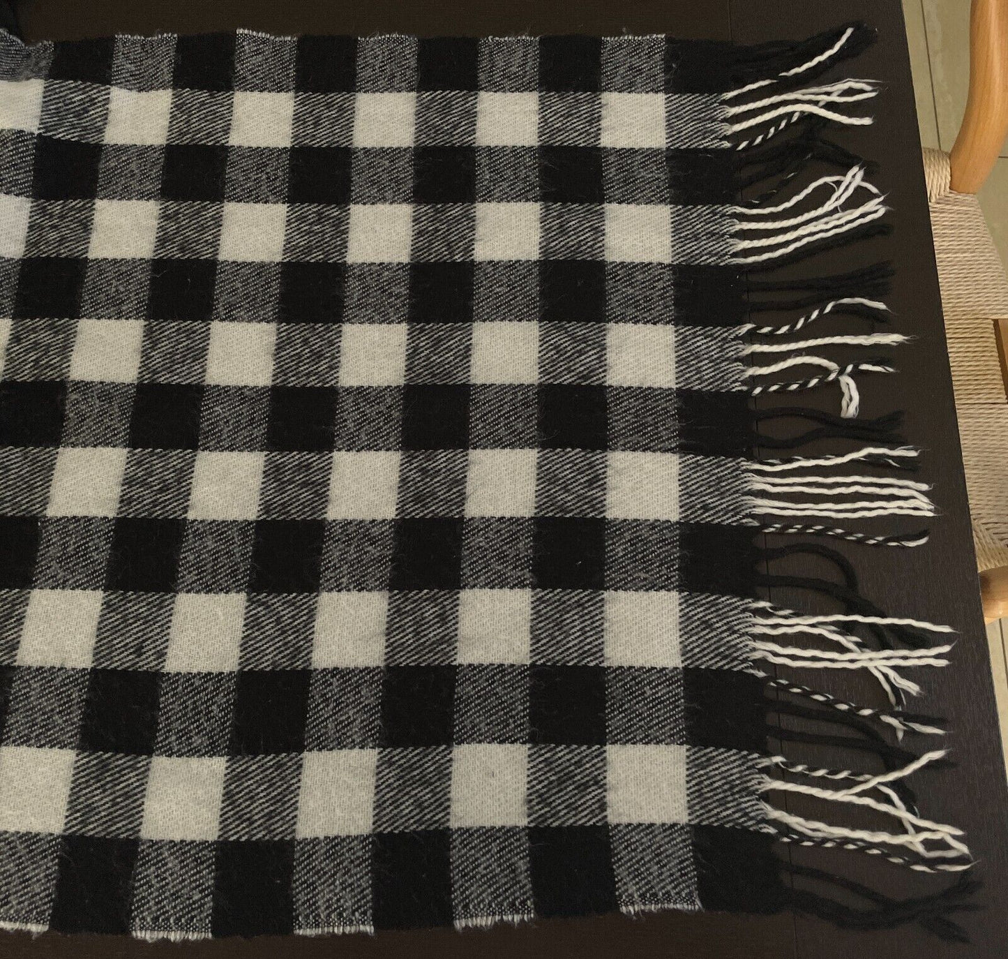 Neck Scarf Black & White Check Knit Rectangle Fringed Large 184 x 52cm Unisex