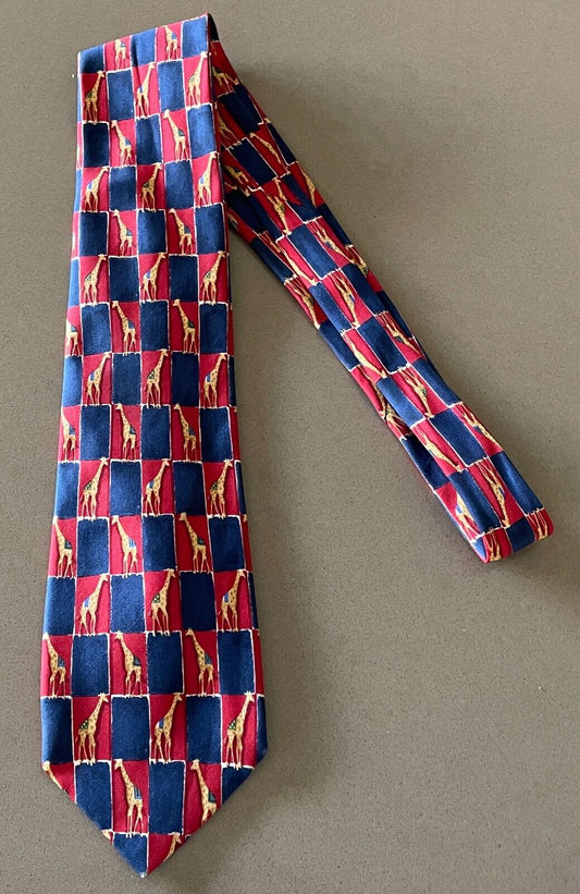 Mens Tie MICHELSONS OF LONDON Red and Navy Giraffe Rectangle Print Silk Neck Tie