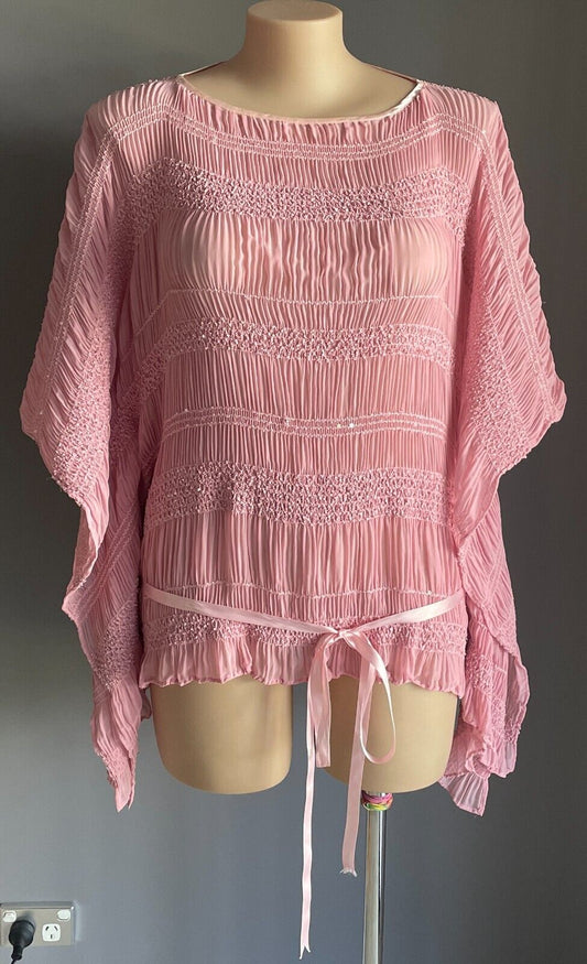 Pink Kimono Top Micro Pleat Shirred Sequin Semi Sheer Short Sleeve Size 16 - 20