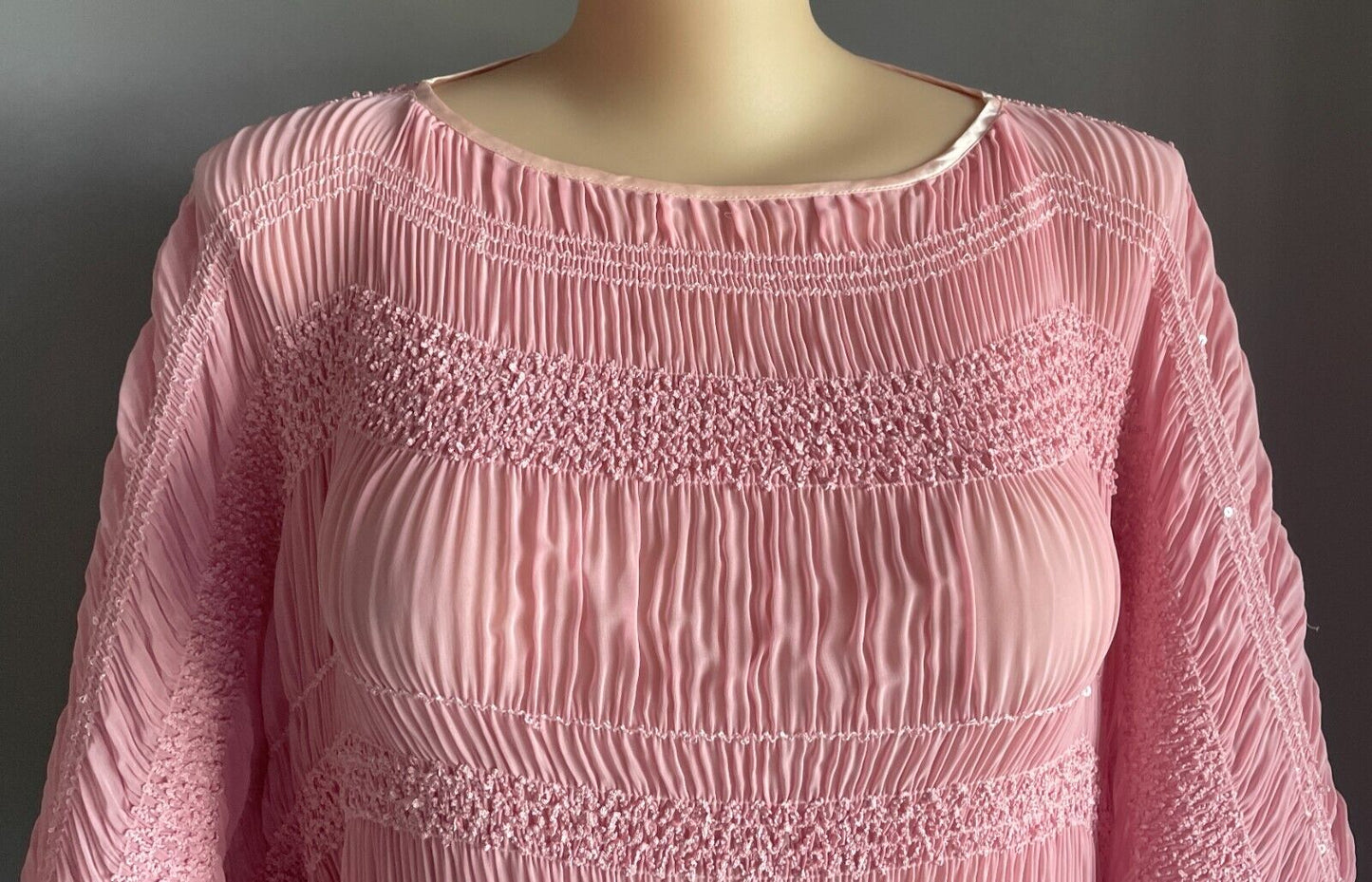 Pink Kimono Top Micro Pleat Shirred Sequin Semi Sheer Short Sleeve Size 16 - 20