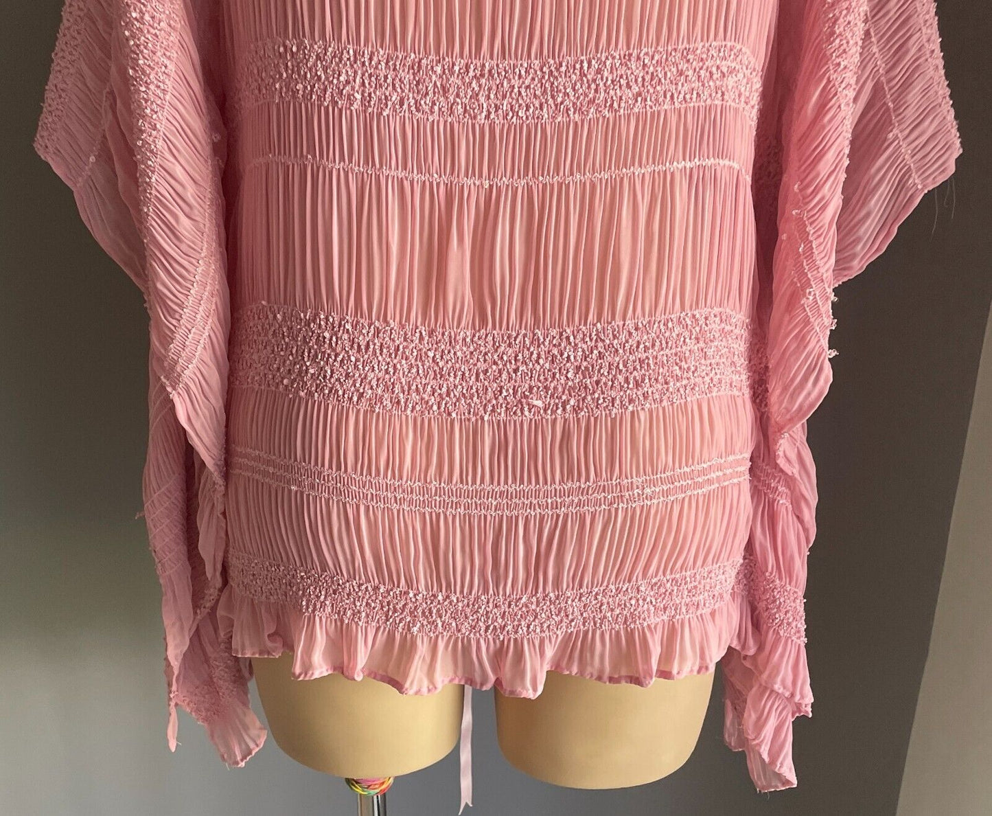 Pink Kimono Top Micro Pleat Shirred Sequin Semi Sheer Short Sleeve Size 16 - 20
