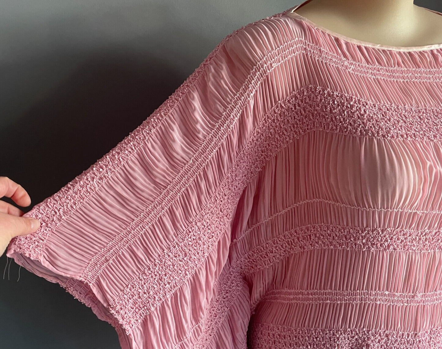 Pink Kimono Top Micro Pleat Shirred Sequin Semi Sheer Short Sleeve Size 16 - 20