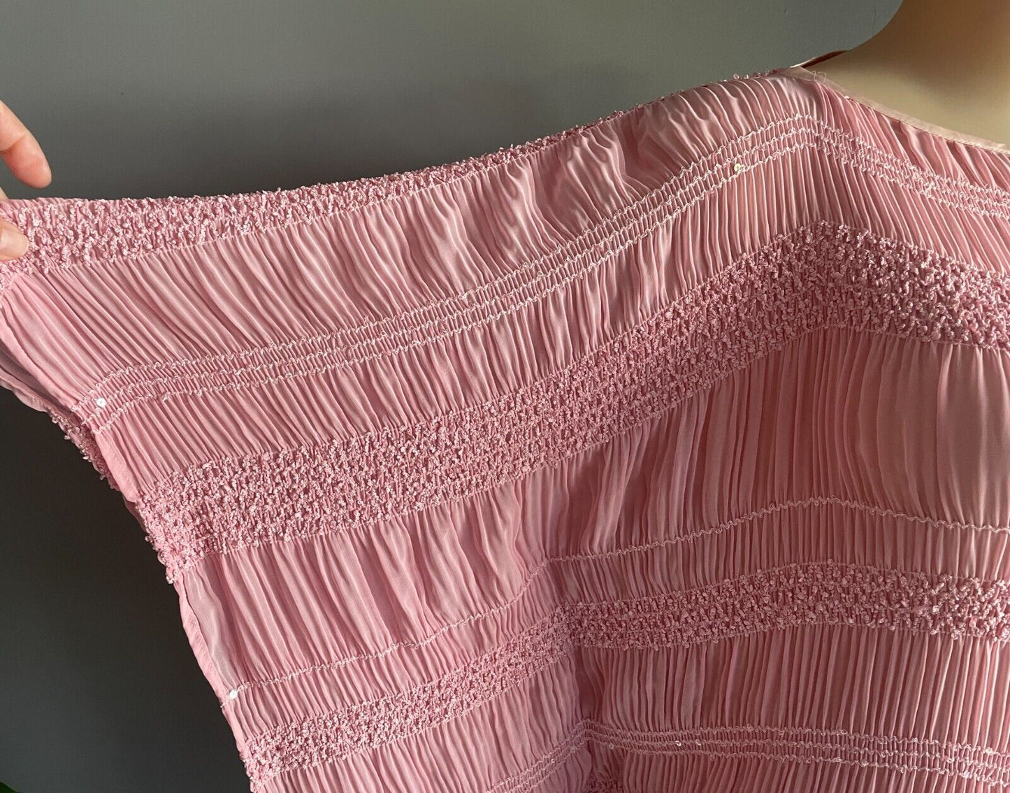 Pink Kimono Top Micro Pleat Shirred Sequin Semi Sheer Short Sleeve Size 16 - 20