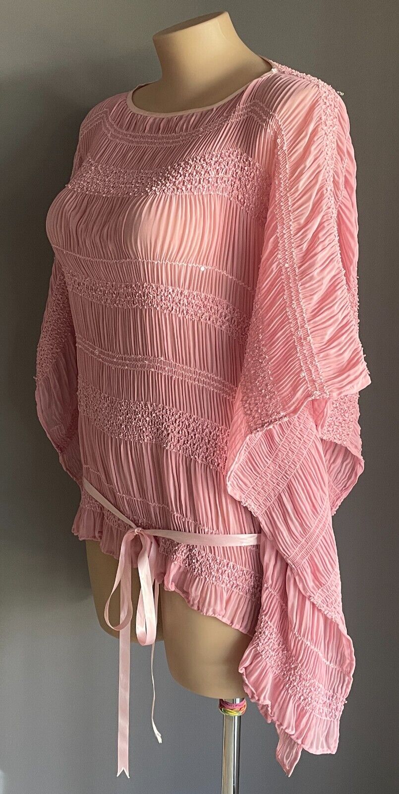 Pink Kimono Top Micro Pleat Shirred Sequin Semi Sheer Short Sleeve Size 16 - 20