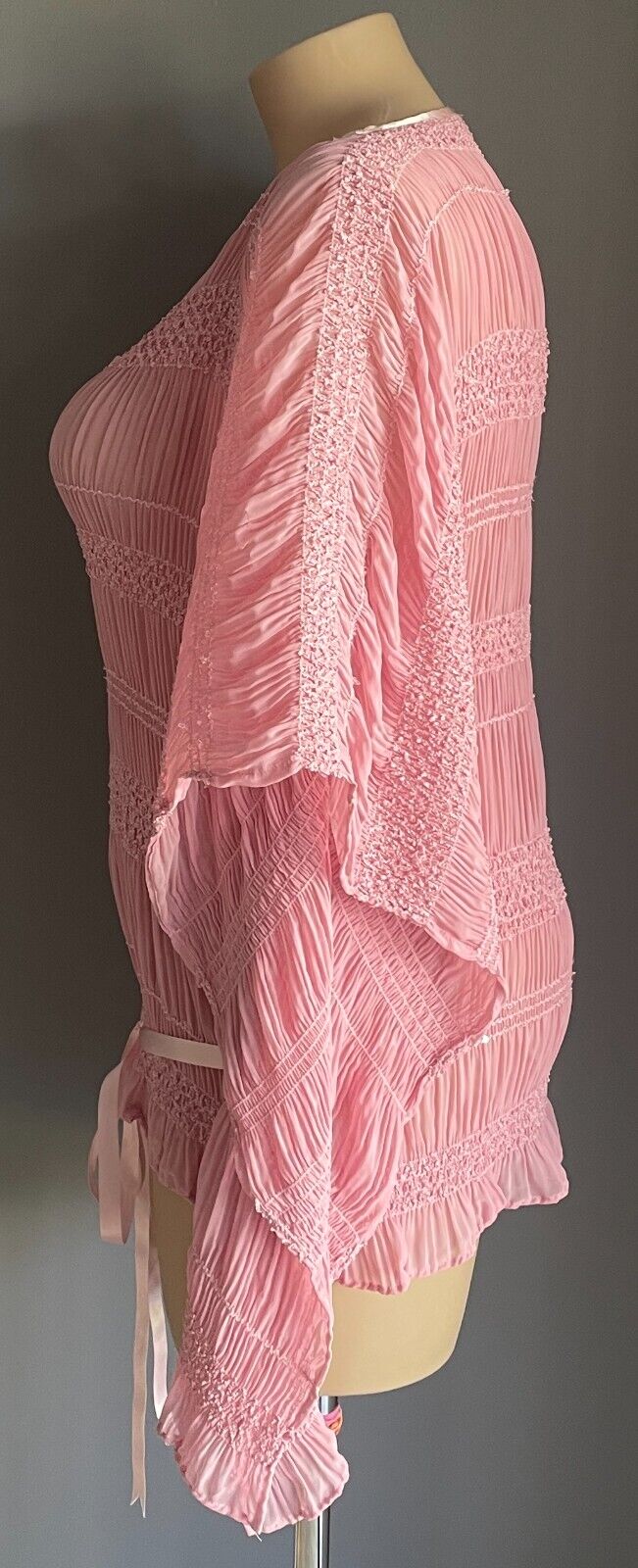 Pink Kimono Top Micro Pleat Shirred Sequin Semi Sheer Short Sleeve Size 16 - 20