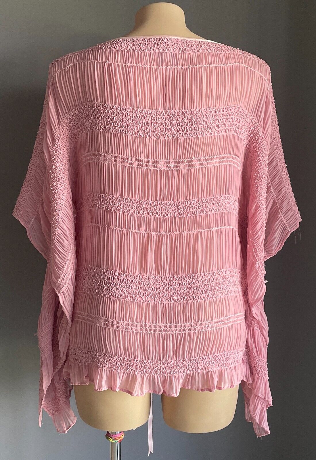 Pink Kimono Top Micro Pleat Shirred Sequin Semi Sheer Short Sleeve Size 16 - 20