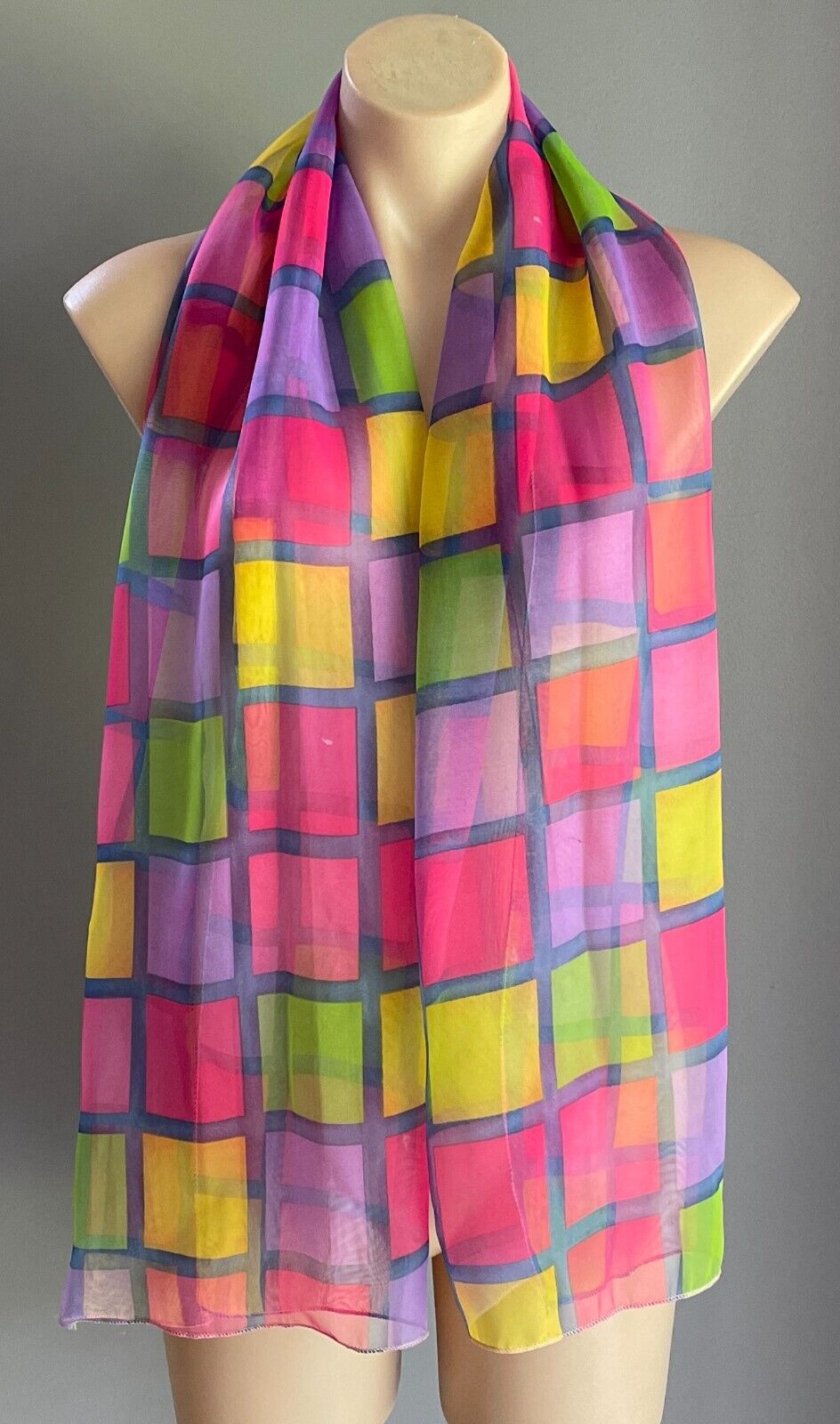 Neck Scarf Semi Sheer Long Shawl Squares Print Blue Purple Pink Yellow Green NEW