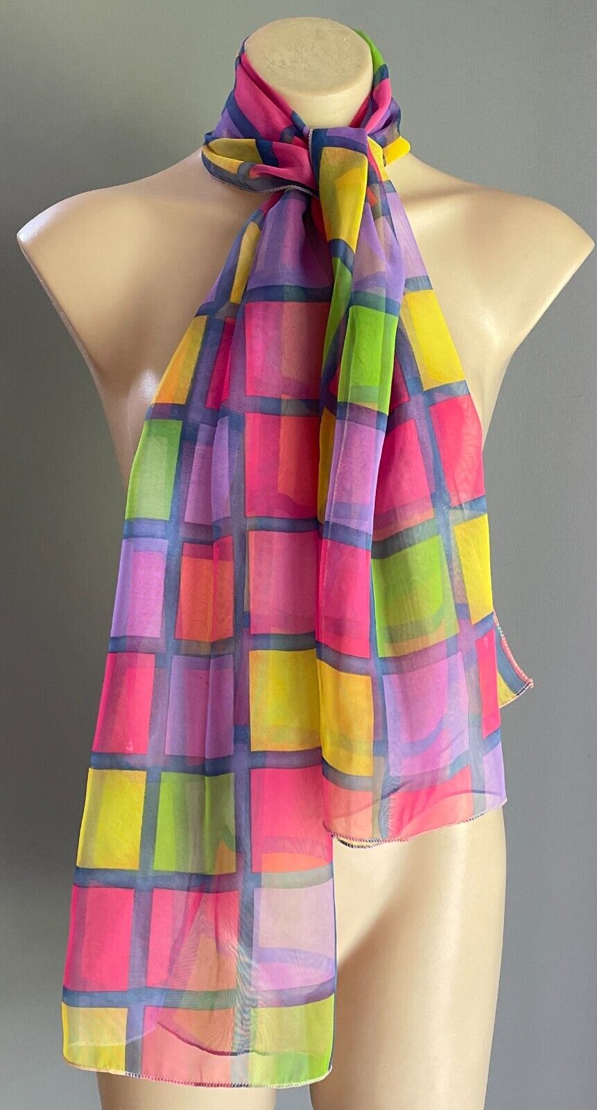 Neck Scarf Semi Sheer Long Shawl Squares Print Blue Purple Pink Yellow Green NEW
