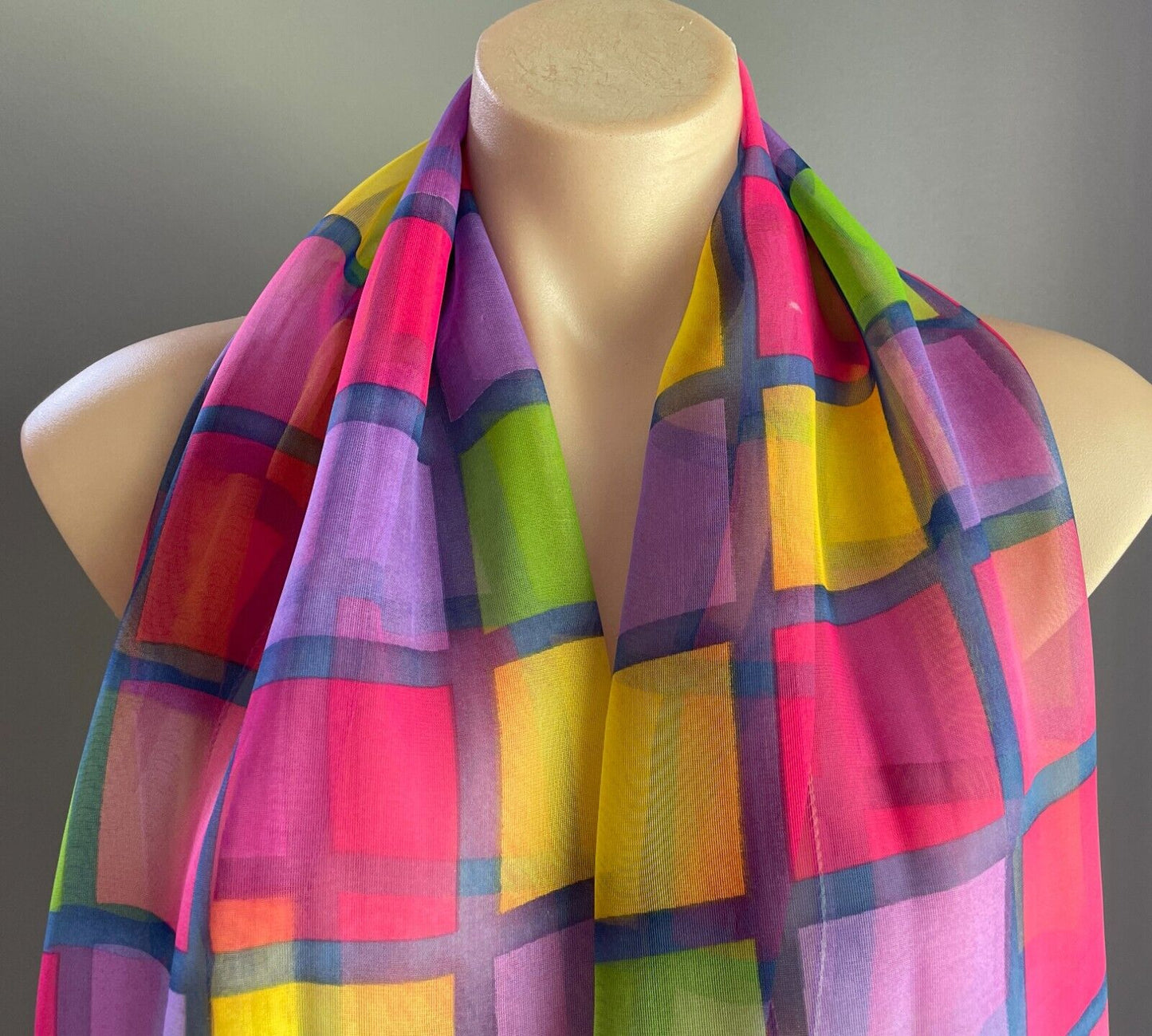 Neck Scarf Semi Sheer Long Shawl Squares Print Blue Purple Pink Yellow Green NEW