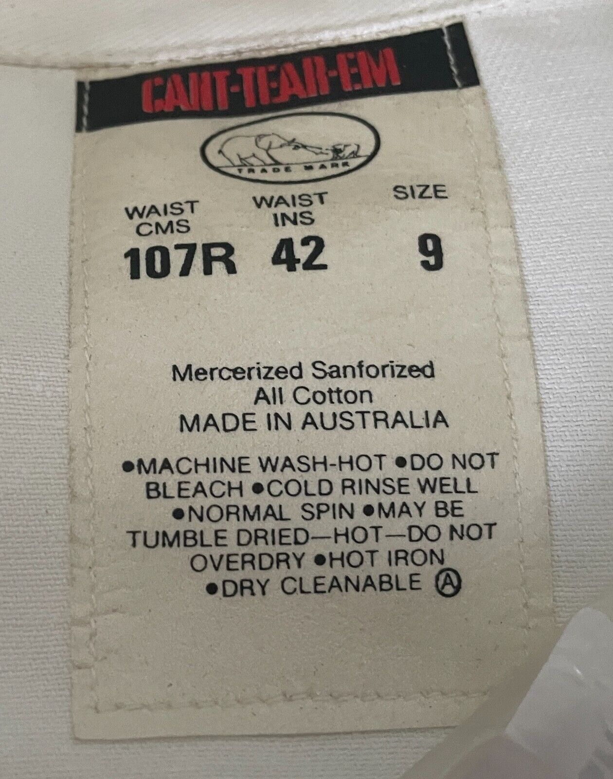 Vintage CANT-TEAR-EM OVERALLS White Heavy Duty Cotton Drill Size 9 107R Waist