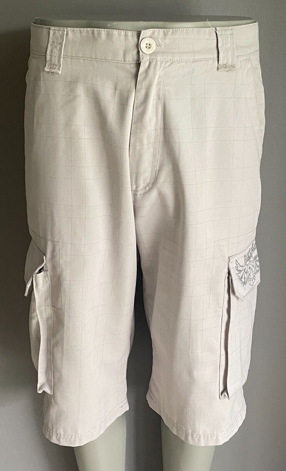 Cargo Shorts RUCKY RACE Side Pockets Mid Length Beige & Faint Check Size L