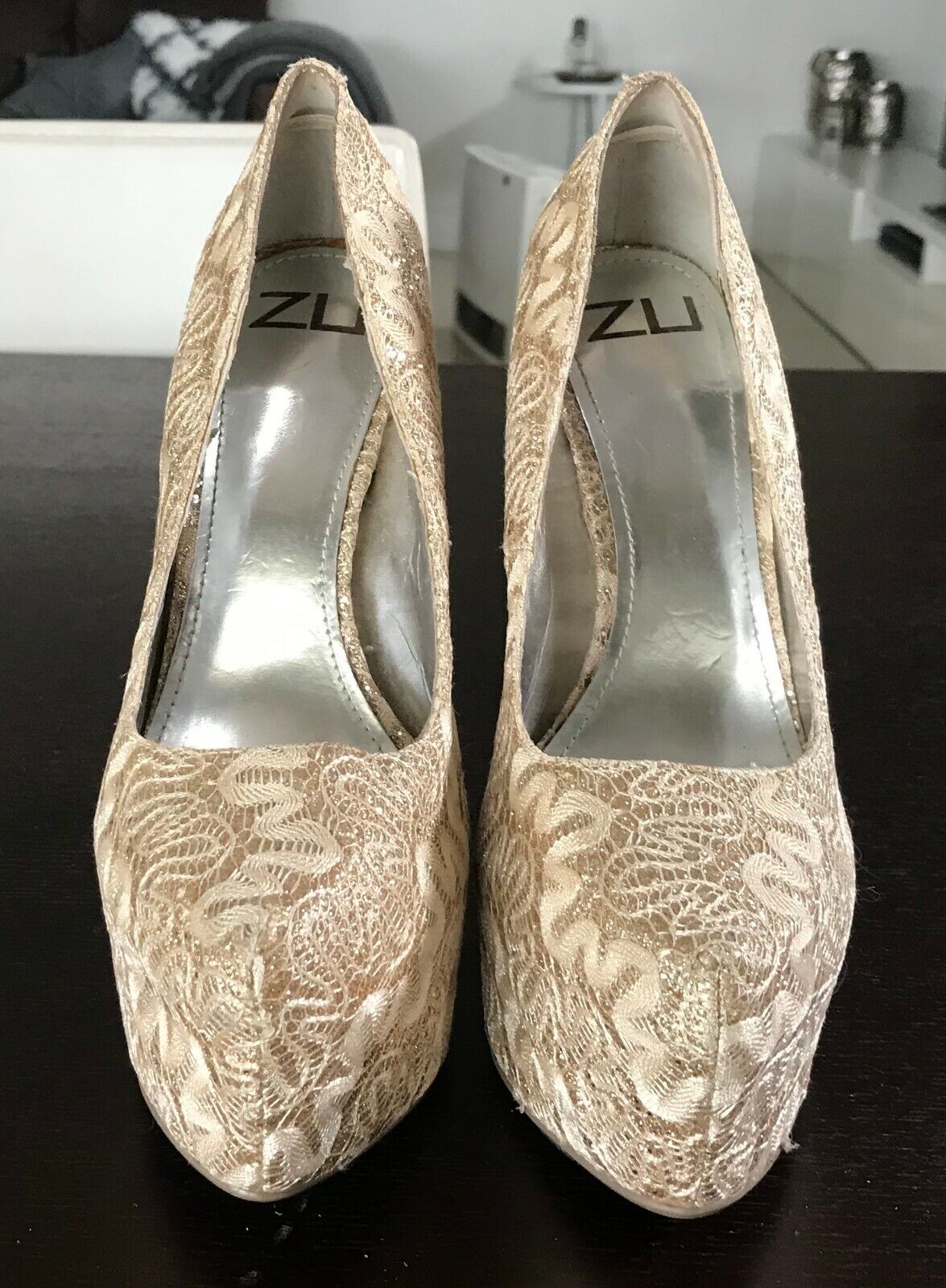 ZU "Sunrise" Stiletto Shoes Glitter Gold Fabric Platform High Heel Size 7 NEW