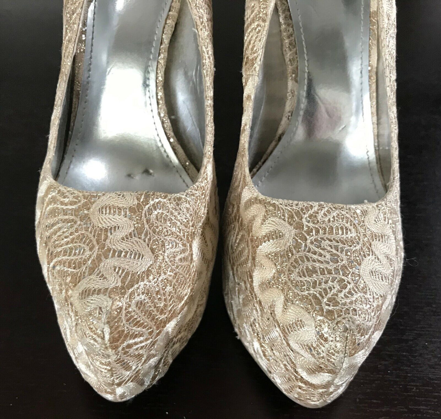 ZU "Sunrise" Stiletto Shoes Glitter Gold Fabric Platform High Heel Size 7 NEW