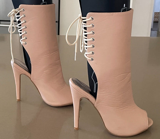 MARCO GIANNI Nude Leather Peep Toe Stiletto High Heel Lace Up Back Shoes Size 37