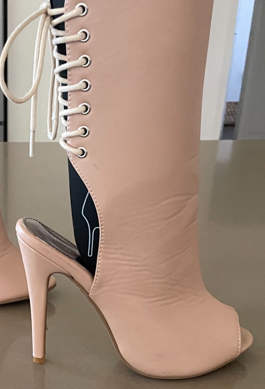 MARCO GIANNI Nude Leather Peep Toe Stiletto High Heel Lace Up Back Shoes Size 37