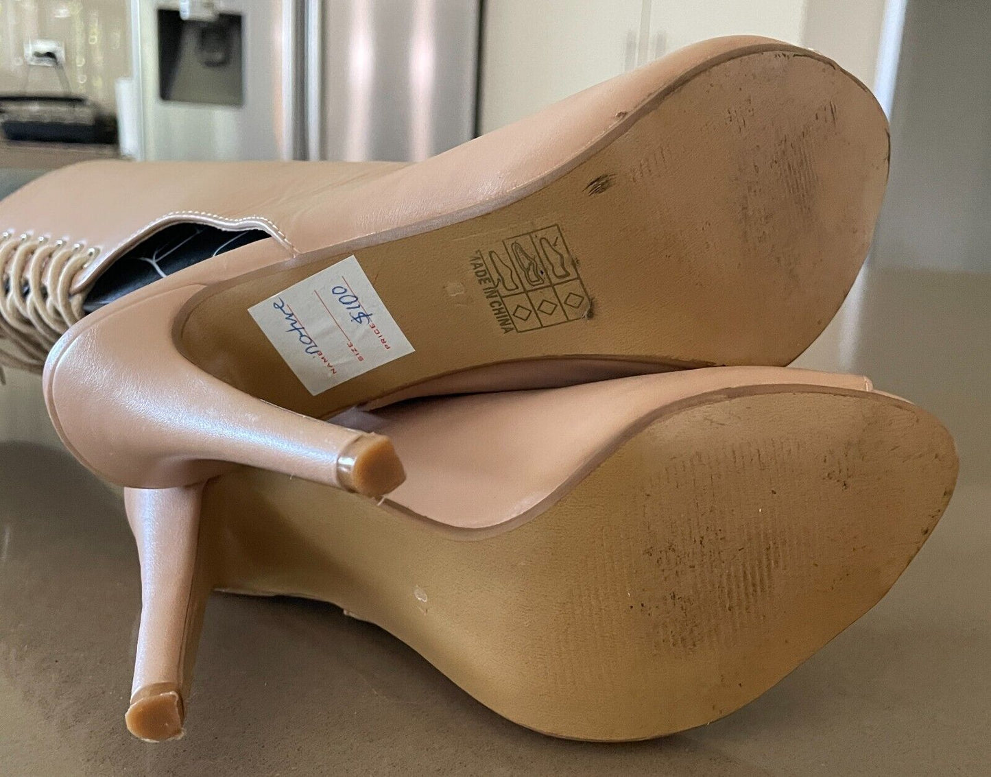 MARCO GIANNI Nude Leather Peep Toe Stiletto High Heel Lace Up Back Shoes Size 37