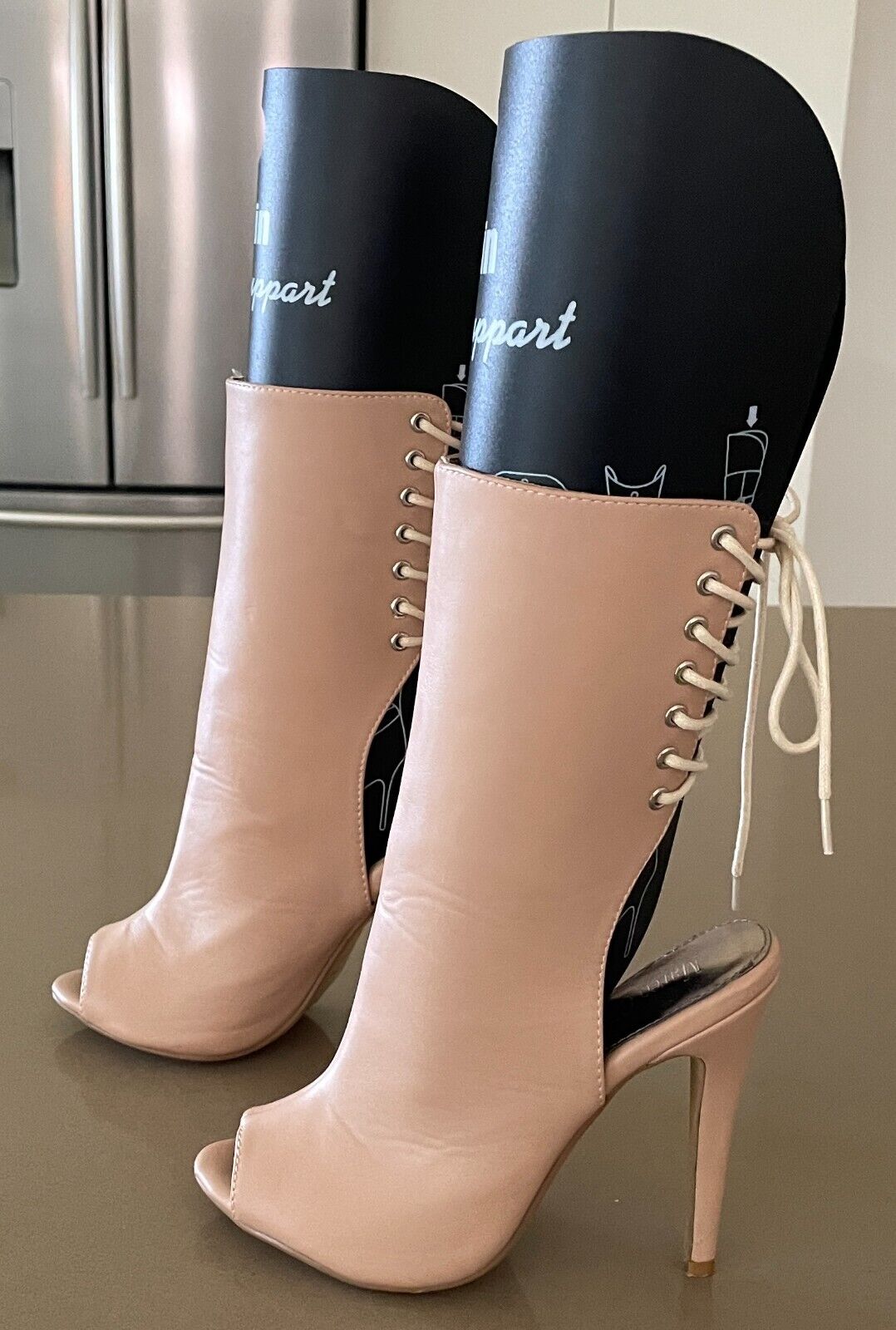 MARCO GIANNI Nude Leather Peep Toe Stiletto High Heel Lace Up Back Shoes Size 37