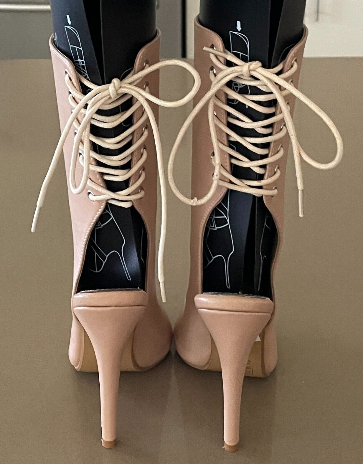 MARCO GIANNI Nude Leather Peep Toe Stiletto High Heel Lace Up Back Shoes Size 37