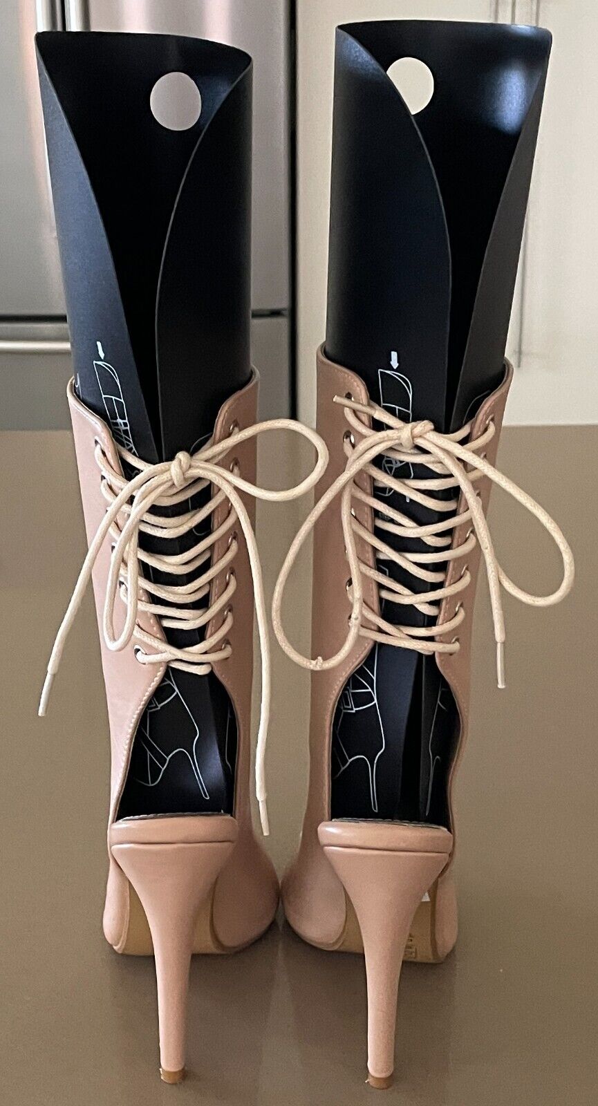 MARCO GIANNI Nude Leather Peep Toe Stiletto High Heel Lace Up Back Shoes Size 37