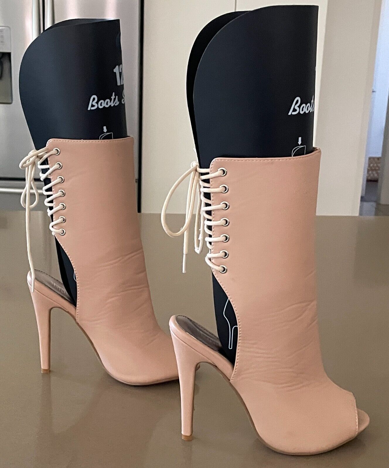 MARCO GIANNI Nude Leather Peep Toe Stiletto High Heel Lace Up Back Shoes Size 37