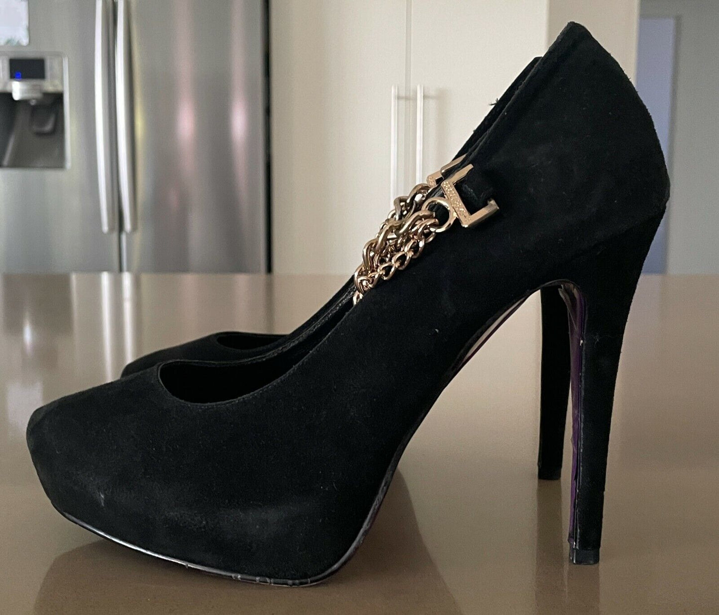 PEEPTOE "Miss Destruct" Shoes Black Suede Platform Stiletto Heel Chains Size 39