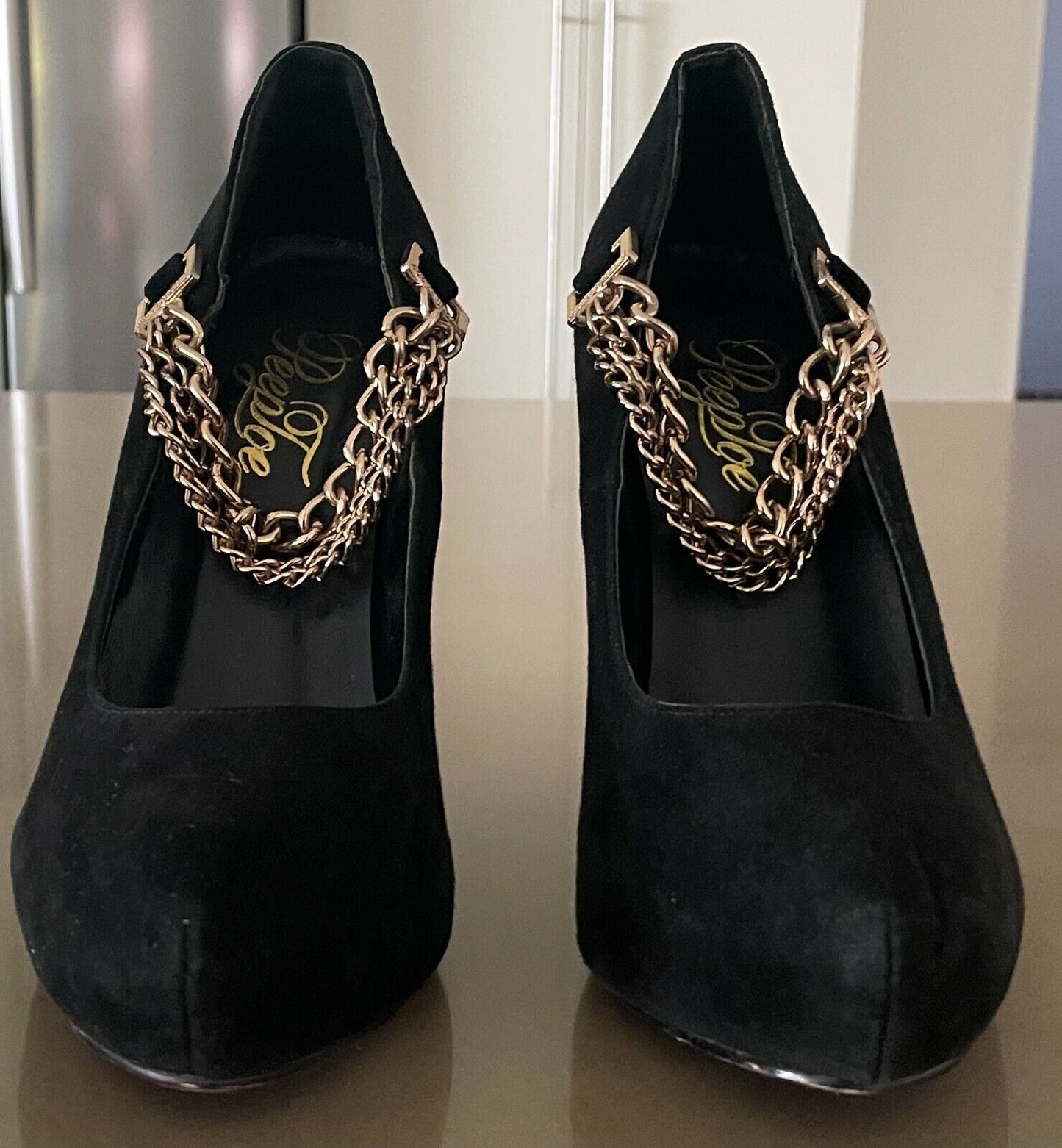 PEEPTOE "Miss Destruct" Shoes Black Suede Platform Stiletto Heel Chains Size 39