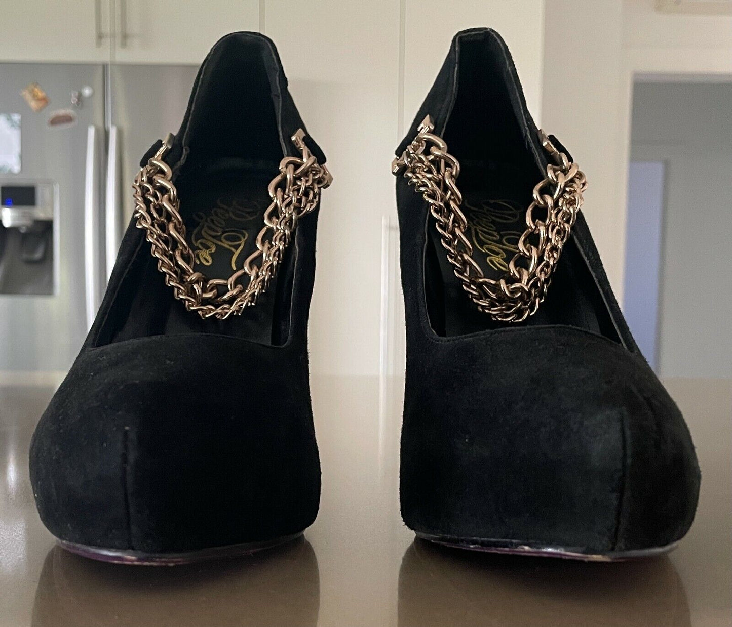 PEEPTOE "Miss Destruct" Shoes Black Suede Platform Stiletto Heel Chains Size 39