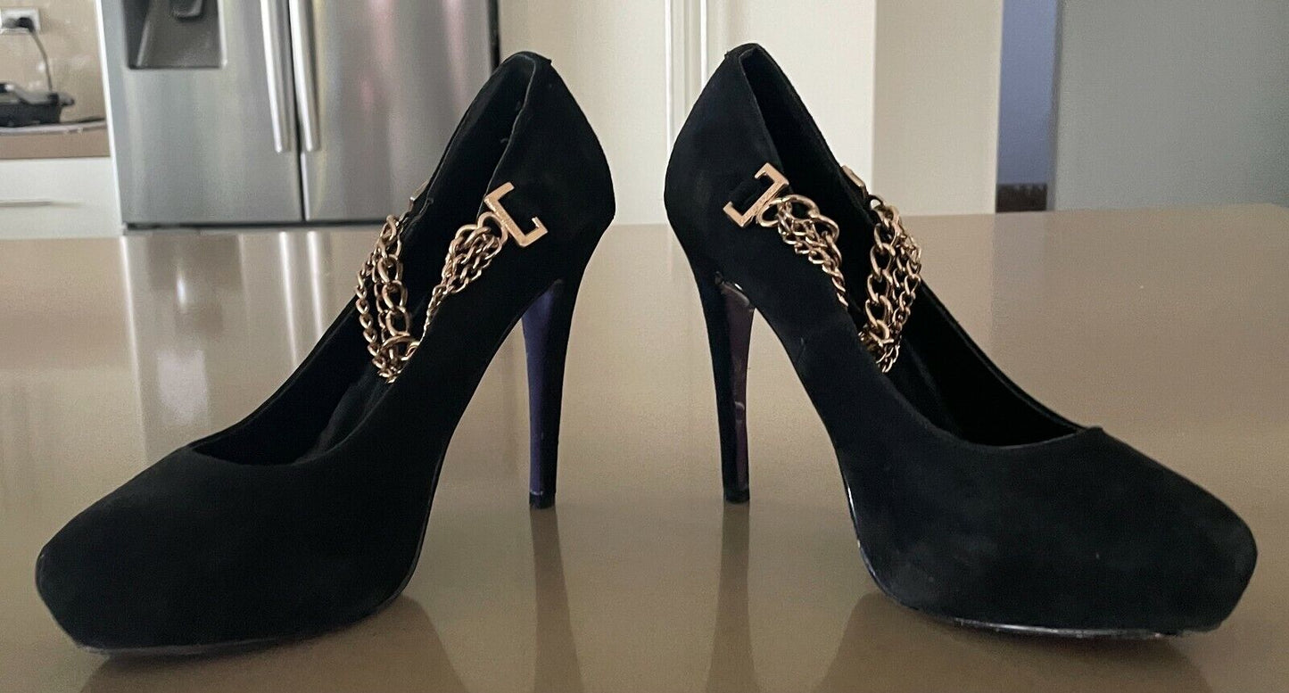 PEEPTOE "Miss Destruct" Shoes Black Suede Platform Stiletto Heel Chains Size 39