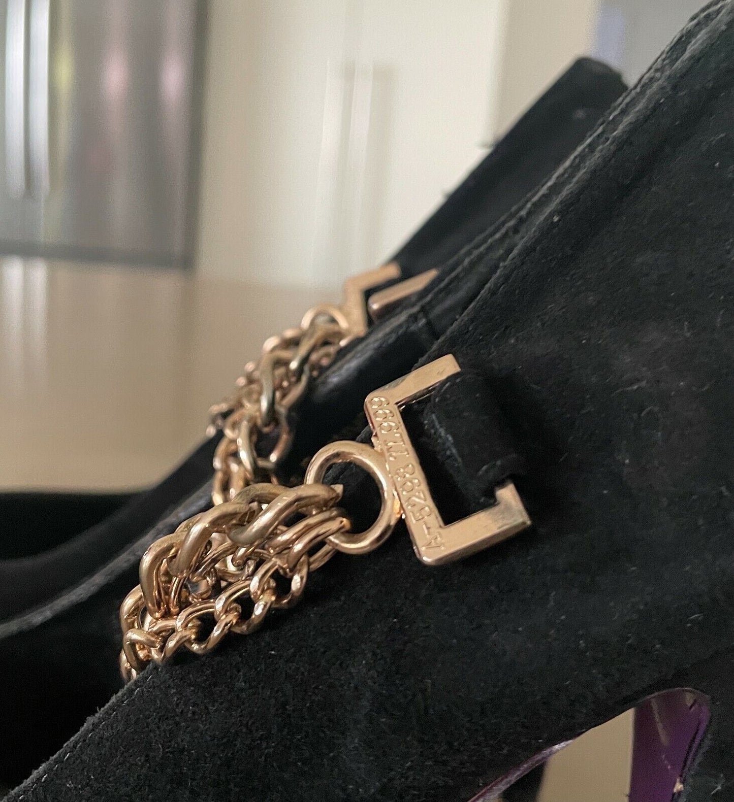 PEEPTOE "Miss Destruct" Shoes Black Suede Platform Stiletto Heel Chains Size 39