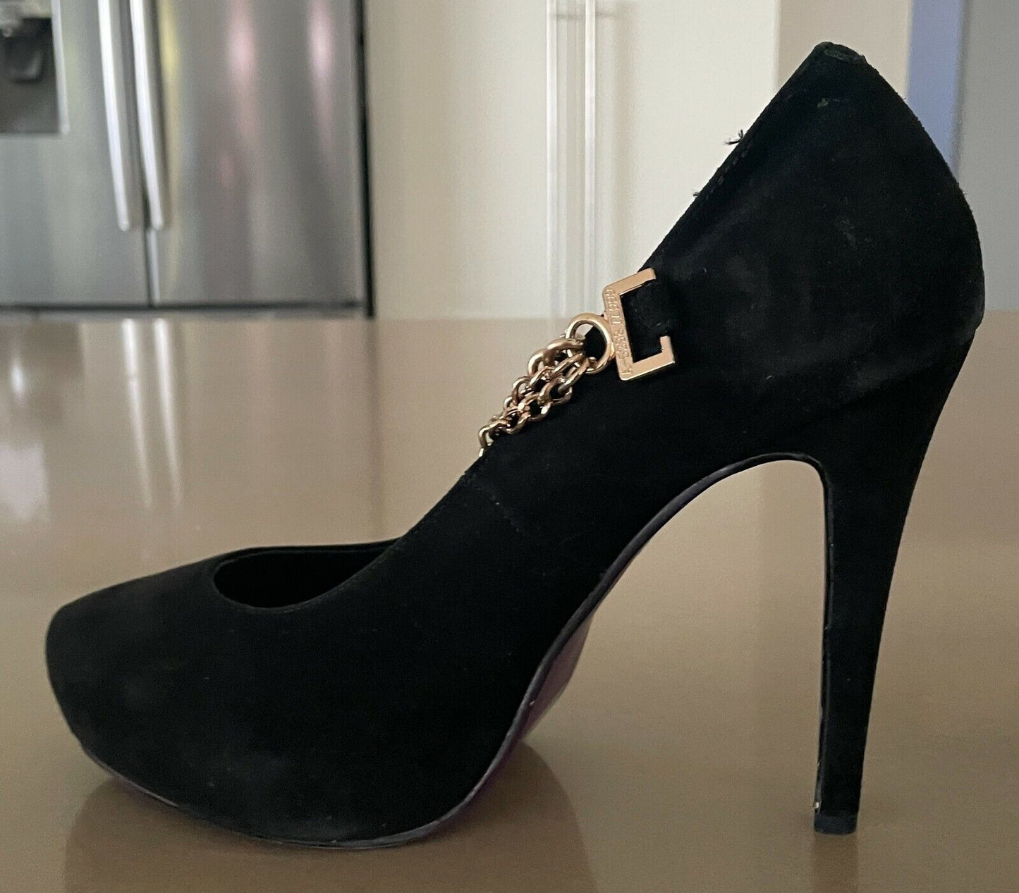 PEEPTOE "Miss Destruct" Shoes Black Suede Platform Stiletto Heel Chains Size 39