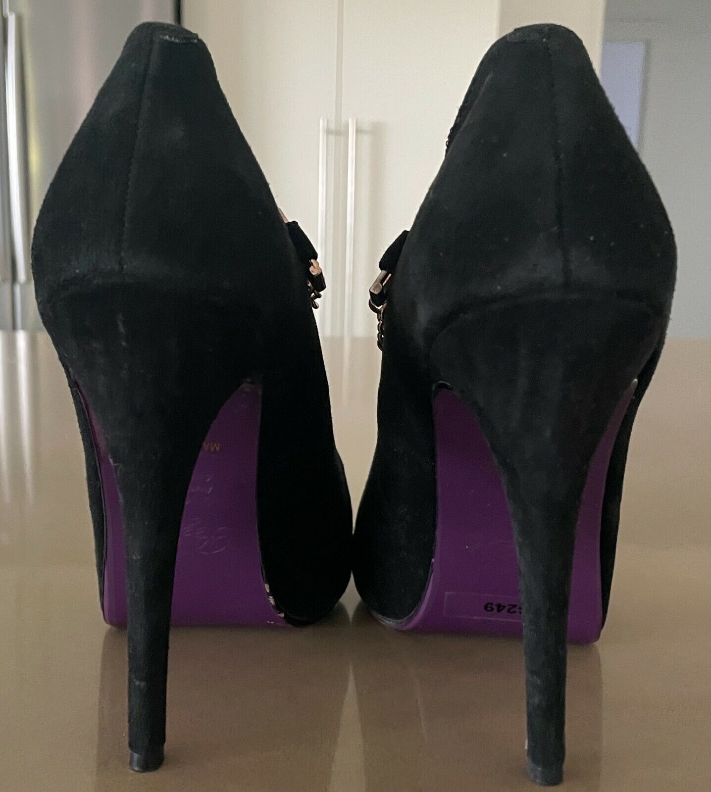 PEEPTOE "Miss Destruct" Shoes Black Suede Platform Stiletto Heel Chains Size 39