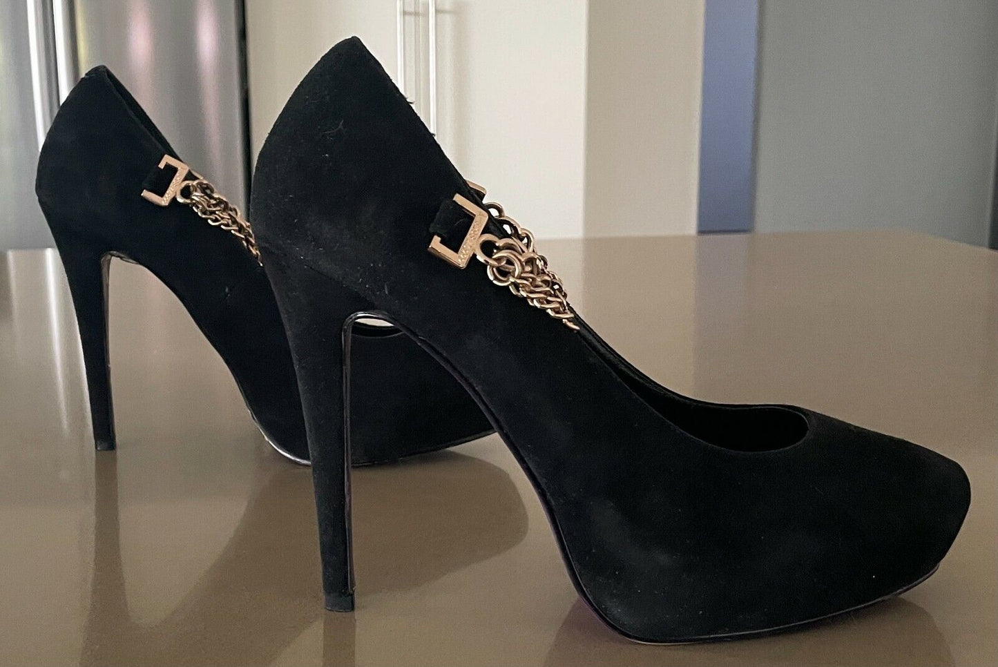 PEEPTOE "Miss Destruct" Shoes Black Suede Platform Stiletto Heel Chains Size 39