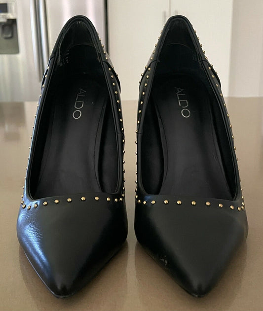 ALDO Shoes Black Leather Pointed Toe Stiletto Heel w Gold Stud Trim Size 38