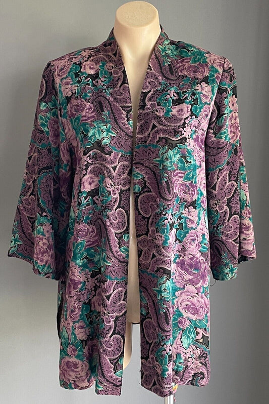 NGOH BOUTIQUE Open Kimono Black Purple Jade Gold Floral Paisley 3/4 Sleeve Sz 14