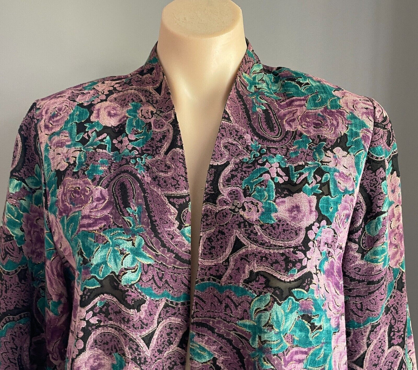 NGOH BOUTIQUE Open Kimono Black Purple Jade Gold Floral Paisley 3/4 Sleeve Sz 14