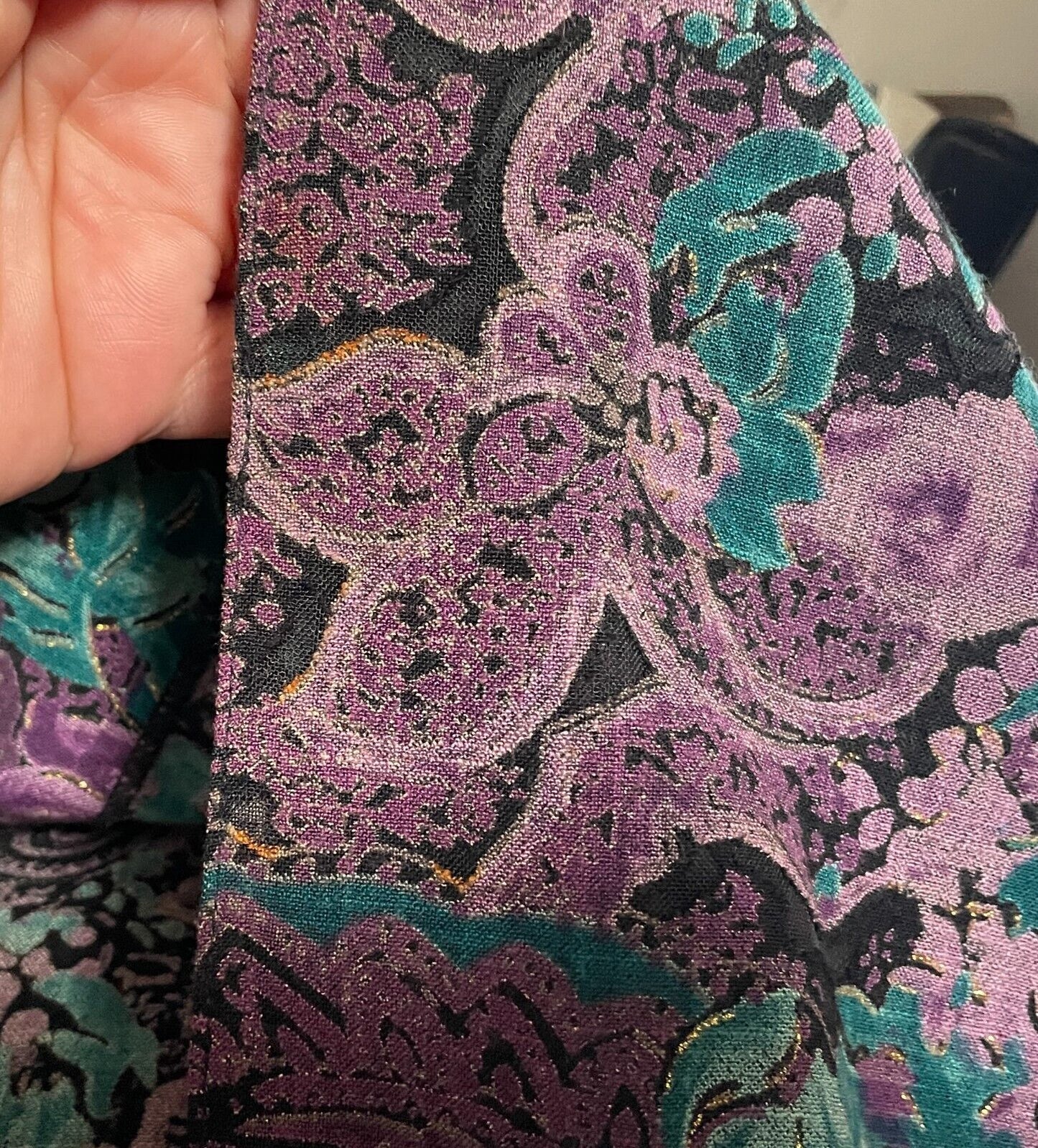 NGOH BOUTIQUE Open Kimono Black Purple Jade Gold Floral Paisley 3/4 Sleeve Sz 14