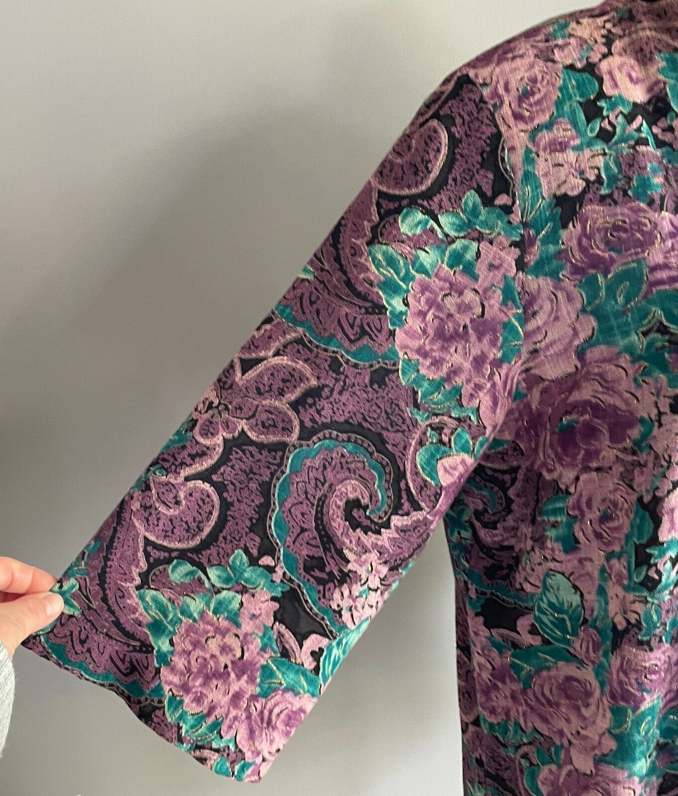 NGOH BOUTIQUE Open Kimono Black Purple Jade Gold Floral Paisley 3/4 Sleeve Sz 14