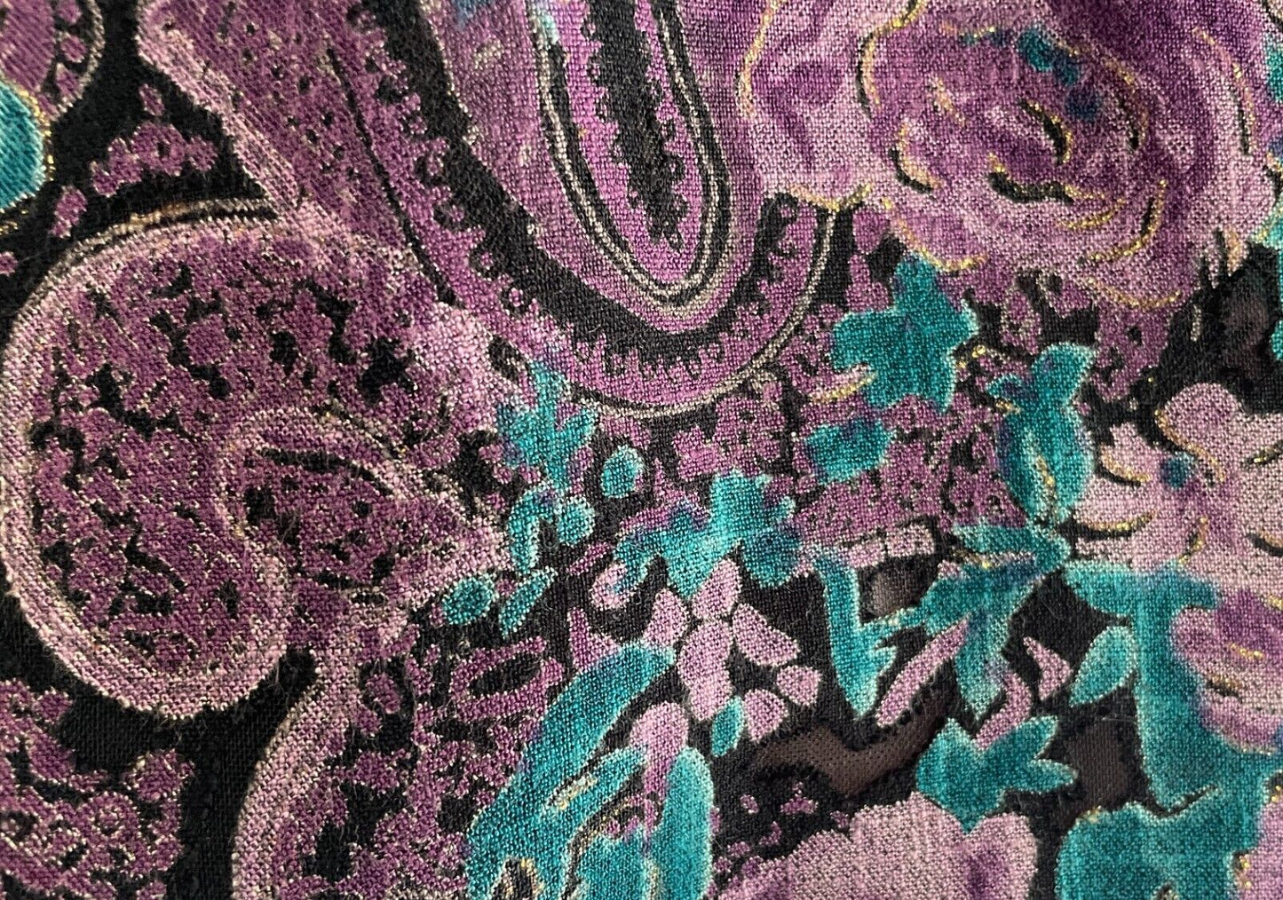 NGOH BOUTIQUE Open Kimono Black Purple Jade Gold Floral Paisley 3/4 Sleeve Sz 14
