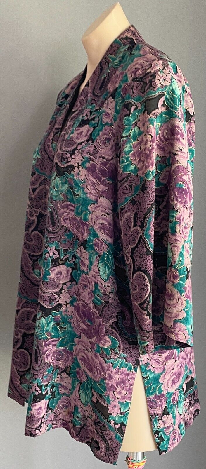 NGOH BOUTIQUE Open Kimono Black Purple Jade Gold Floral Paisley 3/4 Sleeve Sz 14