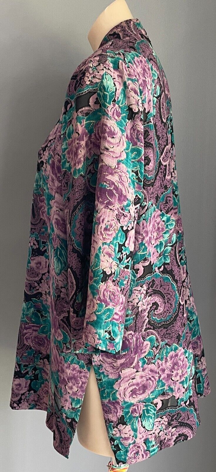 NGOH BOUTIQUE Open Kimono Black Purple Jade Gold Floral Paisley 3/4 Sleeve Sz 14